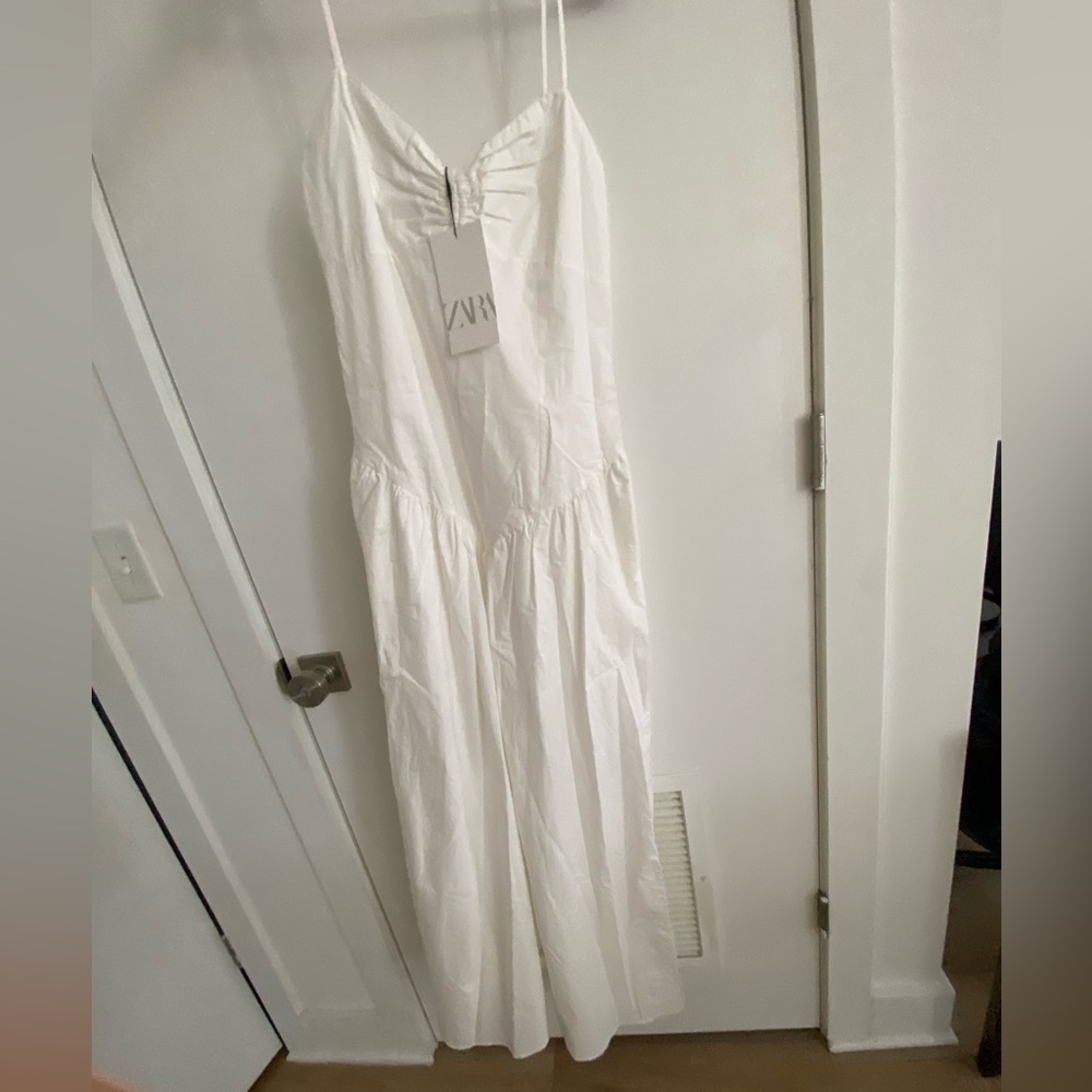 Zara White Cotton Maxi Strappy Gabardine Dress V Neck Flounced hem size XS NWT - Picture 12 of 16